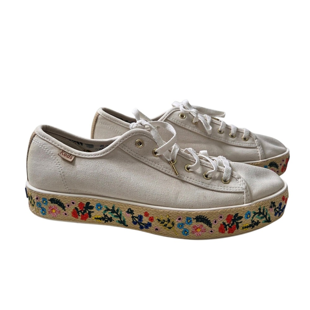 Keds Womens Cream Canvas Triple Kick Floral Embroidered Platform Sneakers Size 8